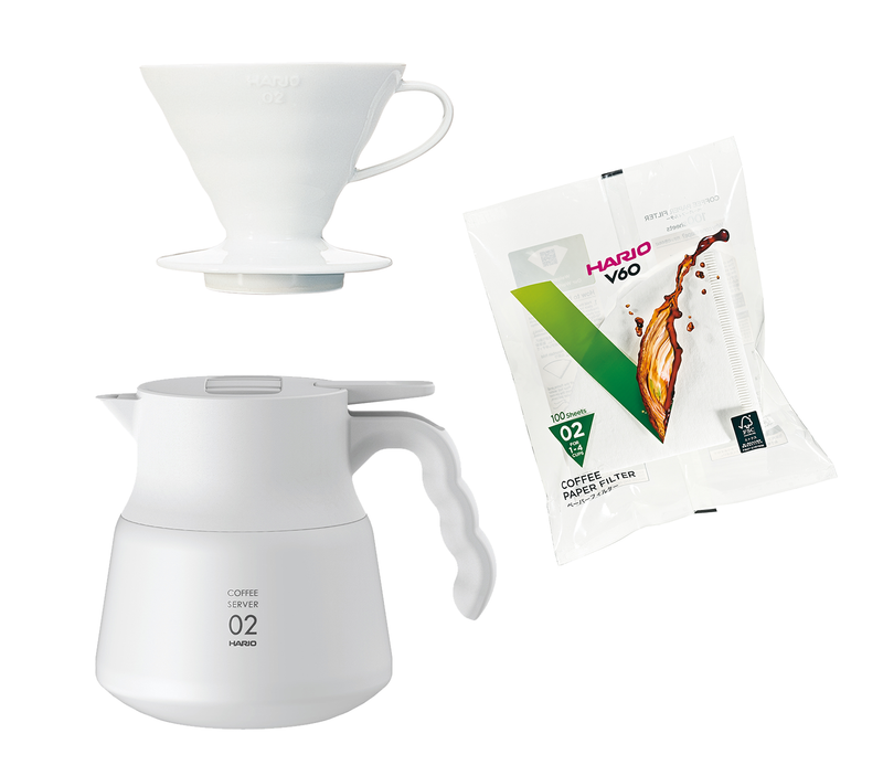 Hario V60 hvit termokanne og keramikk brygger i komplett sett