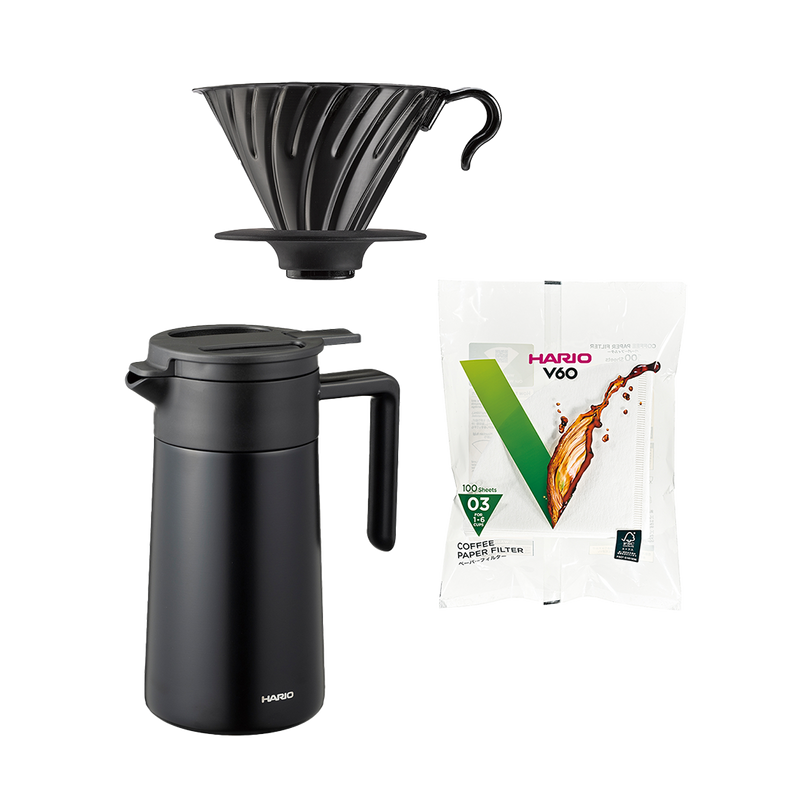 HARIO V60 svart metall pakketilbud, med sort termokanne